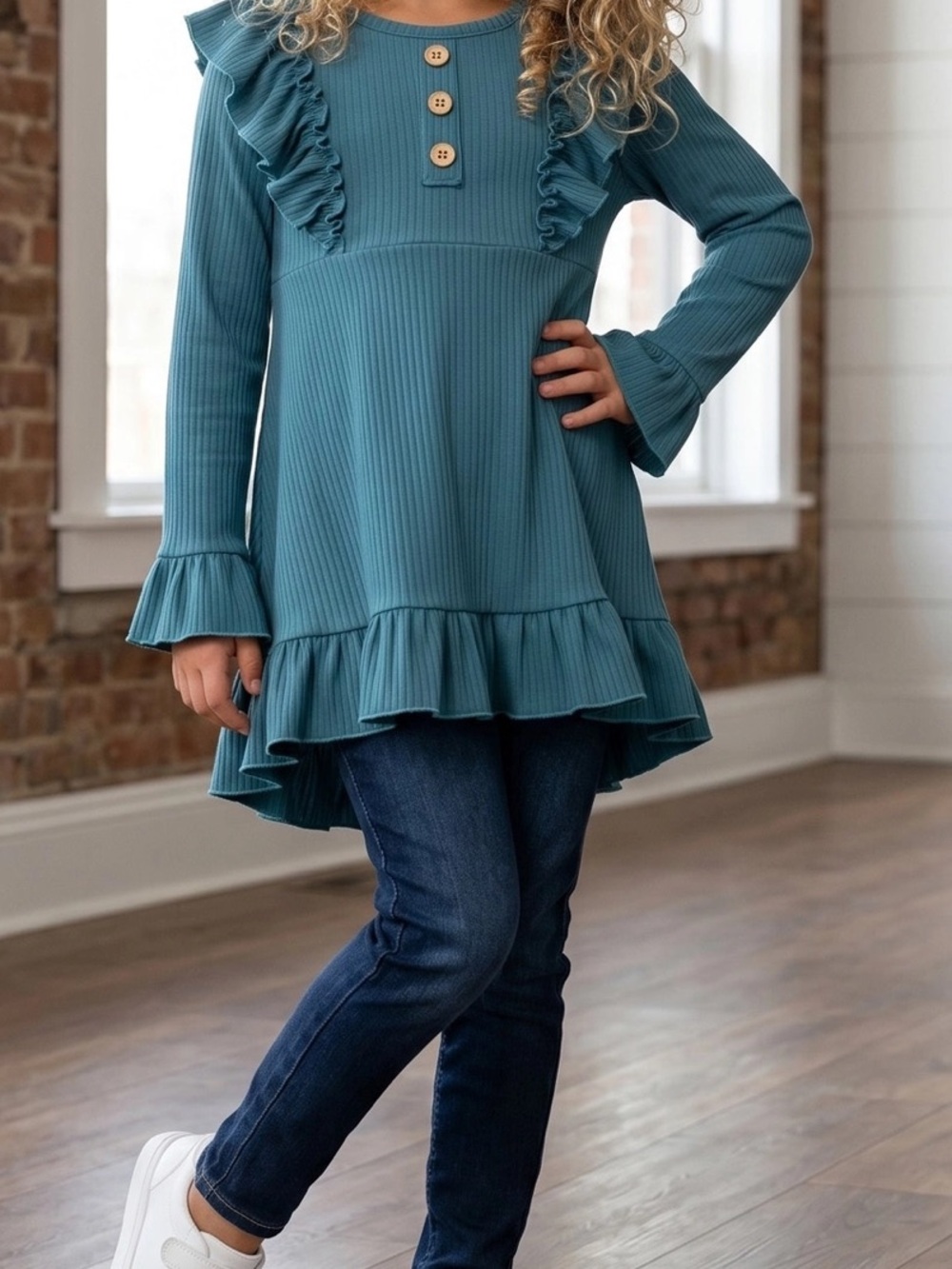Girls Teal Ruffle Tunic Top with Button Detail